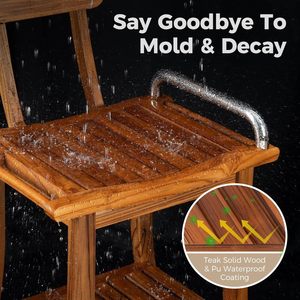 Chaise de salle de bain en bois simple avec étagère double, dossier en teck, tabouret de douche imperméable et antidérapant - Product Image 4