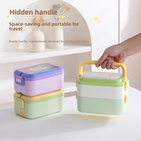 Boîte à bento double couche en acier inoxydable 304 avec couche intérieure amovible, anti-fuite, poignée dissimulée, couleur pastel, avec couverts, pour le bureau