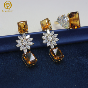 Juego de Joyería de Oro Estilo Vintage con Diamantes Corte Marquesa, Esmeralda y Topacio Amarillo Oscuro, Aretes con Diseño Floral, Regalo para Mujer - Product Image 6