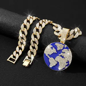 2024 Factory Wholesale Iced Out 15mm Cuban Link Chain Alloy And Rhinestone Hip Hop Blue Earth Pendant Necklace