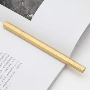 MAXERY Custom Hexagonal Edged Ruler Pen, Gold Brass Metal Gel Pen com logotipo personalizado, alta qualidade para escritório Presente Lembrança