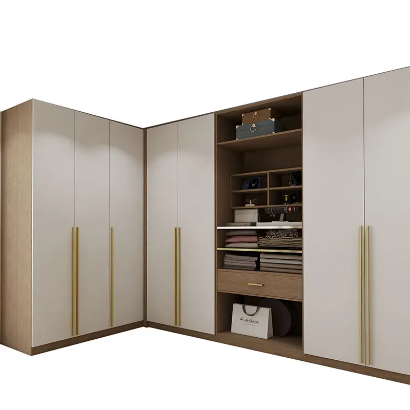 White L-shaped corner armoire mdf moulding wardrobe door panel closet door bearing pulley system Swing Wardrobe