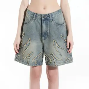 Fashionable High Waist Five-pockets Wide Leg Midi Shorts Women Casual Washed Denim Jeans Shorts