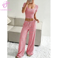 Ensemble décontracté Loveda avec logo personnalisé, nouvelle collection, t-shirt court à col carré rayé pour femme et pantalon droit