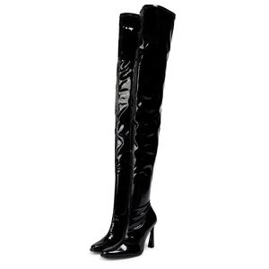 Botas largas de invierno con <span class=keywords><strong>media</strong></span> cremallera lateral de tacón de aguja de charol negro brillante para mujer botas por encima de la rodilla <span class=keywords><strong>hasta</strong></span> <span class=keywords><strong>el</strong></span> <span class=keywords><strong>muslo</strong></span> - Product Image 3