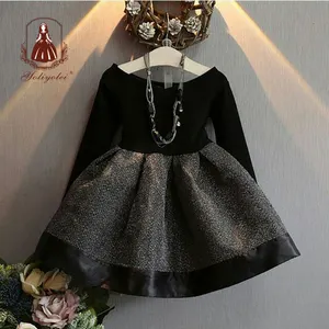 Vestido de princesa para meninas, vestido de princesa da moda preto, coreano, doce, com gola redonda, mangas compridas, para primavera e outono