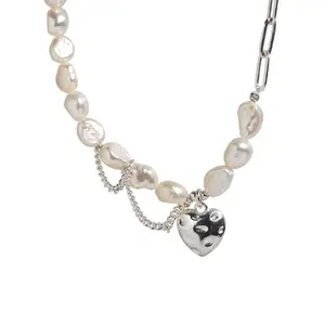 925 gümüş tatlı inci aşk kolye kadın high-end moda ağır sanayi zincir püskül asimetrik klavikula zinciri