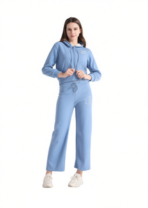 Tc291r Tuta da donna con cappuccio, cerniera lunga, vestibilità ampia casual, 100% cotone traspirante, blu tinta unita, abbigliamento primaverile - Product Image 1