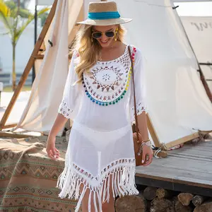 Verão Mulheres Beachwear Vestido Mão Crochet Crew Neck Beach Holiday Swimwear Cover Up