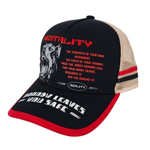 Gorra Trucker Personalizada con Logotipo ODM, Diseño de Dos Tonos a Rayas, Estampado de Cabeza de <span class=keywords><strong>Lobo</strong></span>, Frase Motivacional - Product Image 1