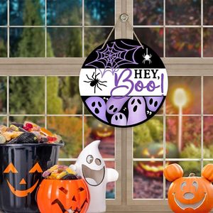 Logotipo de madera de Halloween Hey Boo para decoración de puerta delantera, araña púrpura fantasma - Product Image 3