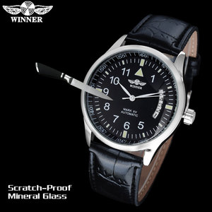WINNER-<span class=keywords><strong>montre</strong></span> automatique pour hommes, marque populaire, luxe, cadran noir, verre transparent, date automatique, bracelet en cuir - Product Image 5
