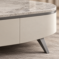Table basse de salon WYRAX Club Lounge avec rangement intégré, meuble TV bas assorti, façades sans poignées et pieds métalliques inclinés
