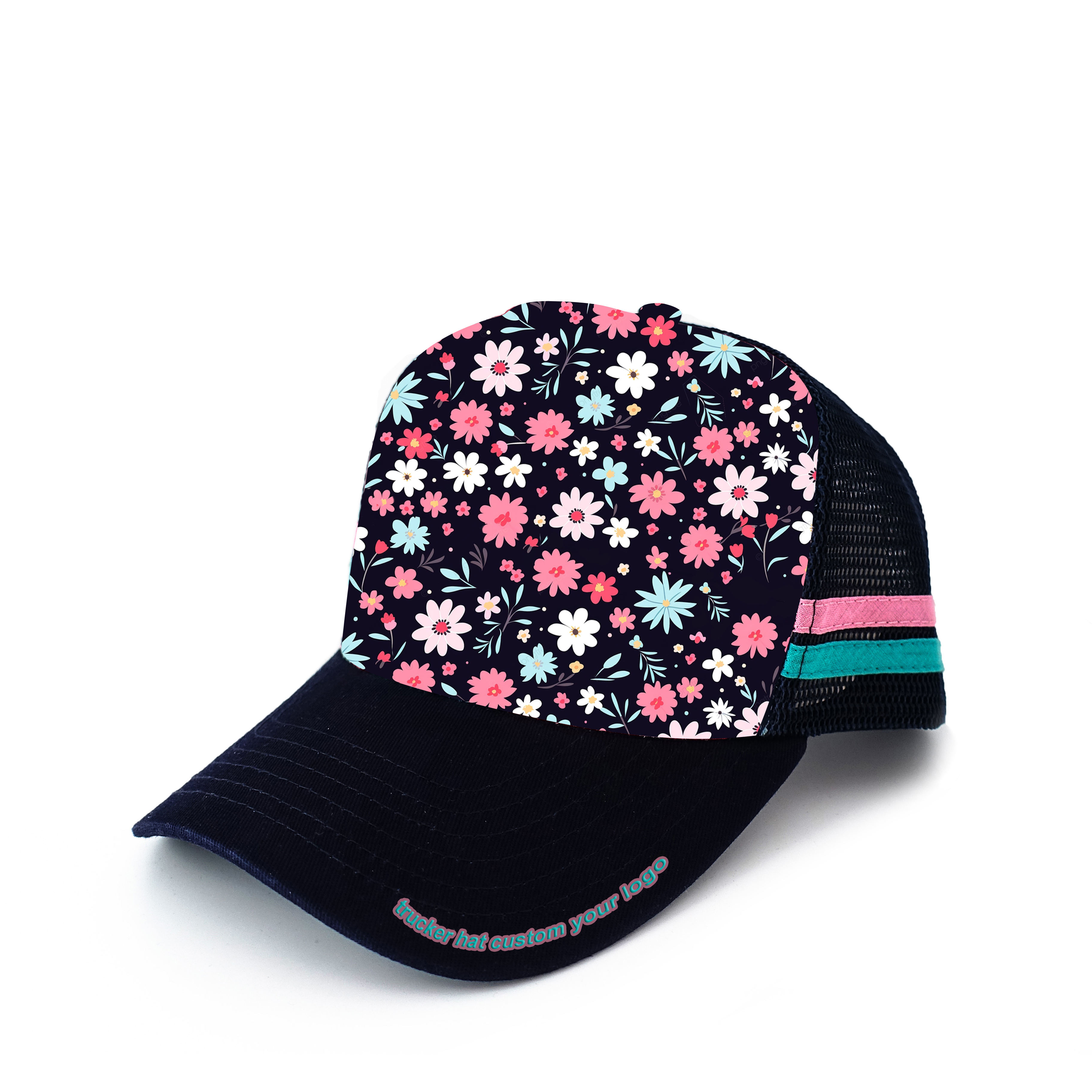 Fashion Panel Sports Trucker Cap Sublimation Printing Flower Leather  Patch logo Embroidery Country Snapback Cap Trucker Hat