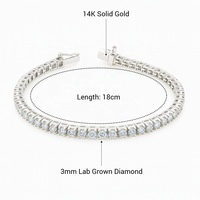 Bracelet tennis JJ BRAVO en or blanc massif 14 carats avec diamants de laboratoire taille brillant 3 mm pour femmes et hommes, plaqué rhodium