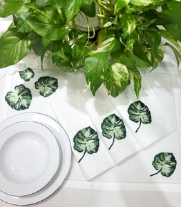 Ensemble de sets de table et serviettes en lin 100% brodé feuille de Monstera, blanc, avec ourlet en coton, lavable et réutilisable, vente en gros à prix abordable - Product Image 6