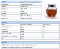 Acide LABSA (Alkylbenzène Sulfonique Linéaire) de haute pureté à forte surfactance, disponible en stock, pour la production de nettoyants automobiles