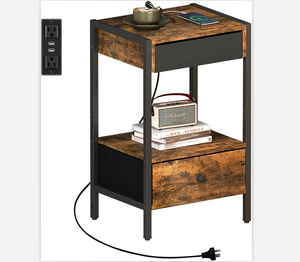 Factory Supply Industrial Brown End <strong>Bedside</strong> <strong>Table</strong> <strong>with</strong> Charging Station Flip Top Drawer Cup Holder Storage <strong>Shelf</strong> - Product Image 6