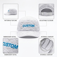 Gorra de campamento personalizada 2026 de 5 paneles con patrón de alas blancas, malla transpirable de alto rendimiento, gorra de corredor con logo bordado azul, proveedor mayorista