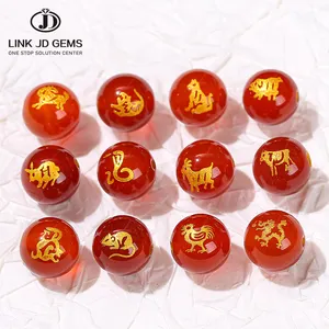 JD Gems - Conta de pedras preciosas semipreciosas estilo tradicional chinês, contas de ágata vermelha natural com 12 animais do zodíaco, contas únicas para fazer joias