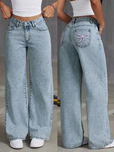 Nuovi <span class=keywords><strong>Jeans</strong></span> da <span class=keywords><strong>Donna</strong></span> a Vita Alta Stile Baggy a Gamba Dritta con Fiocco Vestibilità Comoda in Denim Lavato Estivi Effetto Ringiovanente Pantaloni a Gamba Larga Stile Dolce - Product Image 5