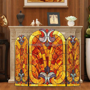 Écran de cheminée en vitrail, 3 panneaux, motif floral, décoration traditionnelle, couleur bleue, forme rectangulaire, décoration artistique, 100*70CM - Product Image 4