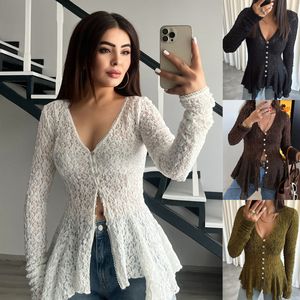 Cárdigan de Encaje Calado para Mujer, Color Sólido, Cuello en V, Chaqueta Delgada, Manga Larga con Abertura, Botones en la Parte Delantera, Detalle de Abertura - Product Image 6