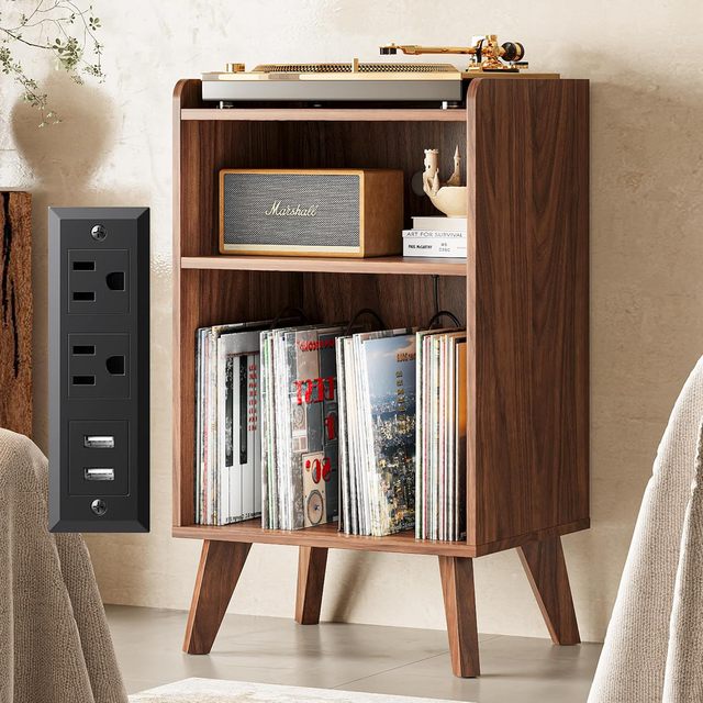 Morden Turntable Stand with Metal Dividers Holds up to 160 Vinyl Records,built-in USB Hub, Functional Record Cabinet for Bedroom
