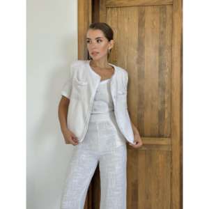 Conjunto de lino color blanco roto para mujer Ecochic, pantalones y chaqueta informales transpirables de manga corta, color crudo, talla M - Product Image 3