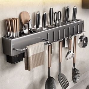 Support mural pour couteaux avec porte-baguettes et crochets pour ustensiles, pour rangement de cuisine, en acier au carbone, organisateur multifonctionnel - Product Image 1