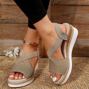 Semelle épaisse bout ouvert chaussures de plage été décontracté sandales en corde de chanvre pour les femmes tressées Wedge - Product Image 1