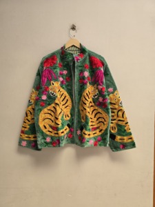 Green Velvet Tiger <b>Embroidered</b> <b>Women</b>’s <b>Jacket</b> with Colorful Floral Embroidery, Long Sleeve Designer Bohemian Outerwear - Product Image 6