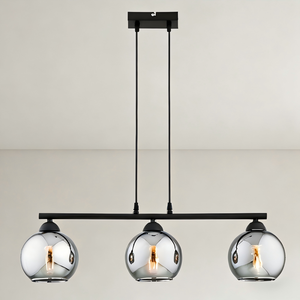 <span class=keywords><strong>Lampadario</strong></span> Moderno a 3 Luci E27 con Sfere in Vetro <span class=keywords><strong>Grigio</strong></span> Fumé, Lampada a Sospensione Lineare per Isola Cucina e Sala da Pranzo - Product Image 1