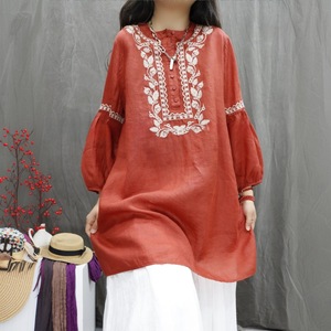Retro Ramie Embroidery Top Women Loose Mid Length Casual Shirt Dress Breathable Everyday Wear - Product Image 1