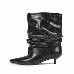 Women‘s Extra Wide Calf Slouch Boots Slip On 3.5CM Low Stiletto Heel Pointed Toe PU Ankle Booties - Product Image 1