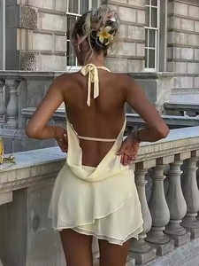 Abito Mini da Donna Elegante e Sexy con Scollo a V Profondo, Trasparente, in Pizzo, con Lacci, Drappeggiato, Senza Schienale, Halter, per Vacanze e Spiaggia - Product Image 3