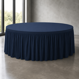 <b>Round</b> Navy Blue Custom Fitted <b>Table</b> Cover with Gathered Skirt <b>for</b> Resort Banquet and Hospitality Distributor Projects - Product Image 1