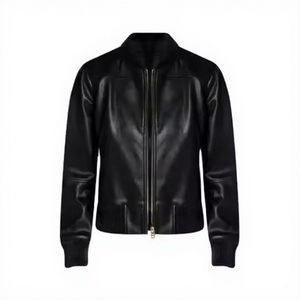 Blouson Bomber Homme en Cuir Véritable Noir, Col Côtelé Bas, Fermeture Éclair Centrale, Poignets et Ourlet Côtelés, Manteau Personnalisé Chaud d'Hiver, Vêtement d'Extérieur - Product Image 1