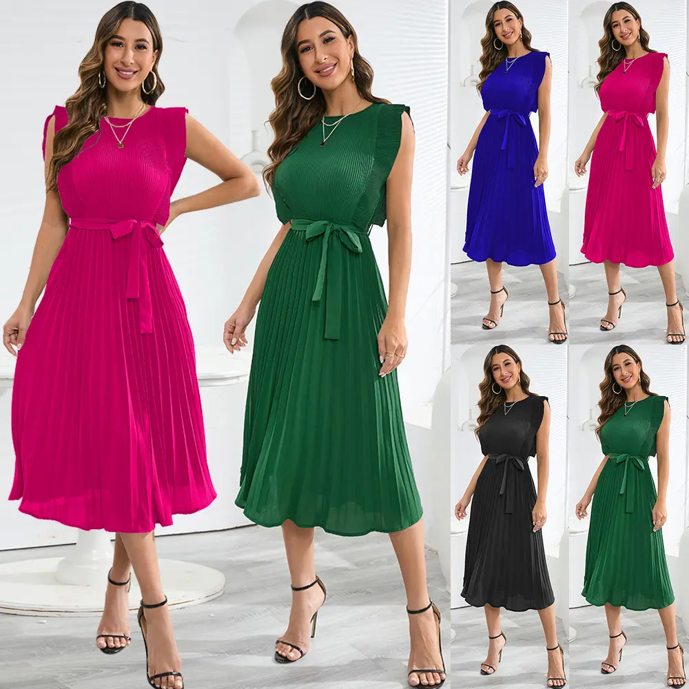 Gaun maxi Musim Panas berlipat warna polos untuk wanita vestidos largos de verano jubah longues abito lungo kasual