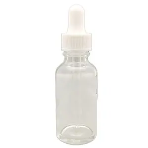 Haute qualité verre clair boston forme compte-gouttes bouteille avec côtelé blanc bouchon compte-gouttes en plastique et en verre pipette