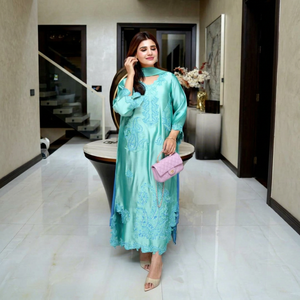 Ensemble Salwar Kameez brodé pour femme en rayonne lourde, avec Kurta à points de chaînette, Palazzo et Dupatta, infroissable, tenue ethnique - Product Image 1