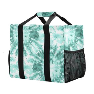 Bolsa de Compras con Logotipo Personalizado, Estampado Tie Dye Verde Azulado, Bolsa de Playa Plegable Grande, Bolsa de Supermercado Reutilizable con Bolsillos de Malla - Product Image 1
