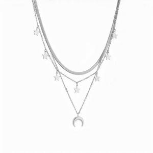 Collar de Moda para Mujer QX, Chapado en Oro de 18K, Acero Inoxidable, Diseño de Luna y Estrella de Varias Capas, Cadena de Serpiente Impermeable - Product Image 6
