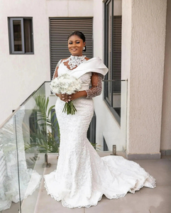 Robe de mariée sirène Mumuleo à col montant, perles brillantes et dentelle, style arabe Aso Ebi, manches longues, vintage, pour cérémonie religieuse - Product Image 2