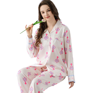 Nuevo Sweet <span class=keywords><strong>Poker</strong></span> Peach Heart Print Pijamas Primavera de manga larga Pantalones largos Simulación de seda Cardigan Ladies Homewear Conjunto de dos piezas - Product Image 1