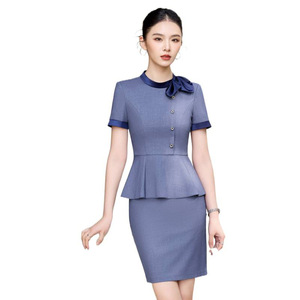 Women Peplum Suit Skirt Blue Workwear Business Office Wear With Bow Neckline Anti-Wrinkle Woven Fabric - Product Image 5