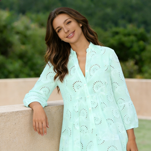 Joyinspring Light Green <b>Plus</b> <b>Size</b> Loose Casual Embroidered 3D Pattern Knee-Length V-Neck Bell Sleeves Natural Waist <b>Dress</b> - Product Image 6