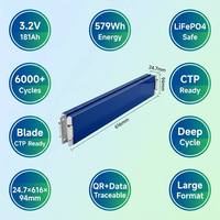Cellule de batterie prismatique CALB 3.2V 181Ah LiFePO4 Blade, 6000 cycles, 579Wh, à décharge profonde, pour systèmes solaires, ESS, EV, packs CTP et stockage d'énergie domestique