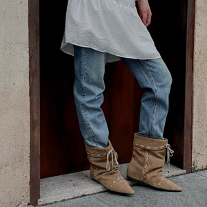 2025 Autumn Winter High-End Women's Mid-Calf Boots Foldable Two-Way <b>Pointed</b> <b>Toe</b> Height-Increasing Lace-Up Design Rubber - Product Image 4