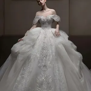 Jancember LSHT036 Vestido de noiva elegante com bordado de luxo e ombro de fora